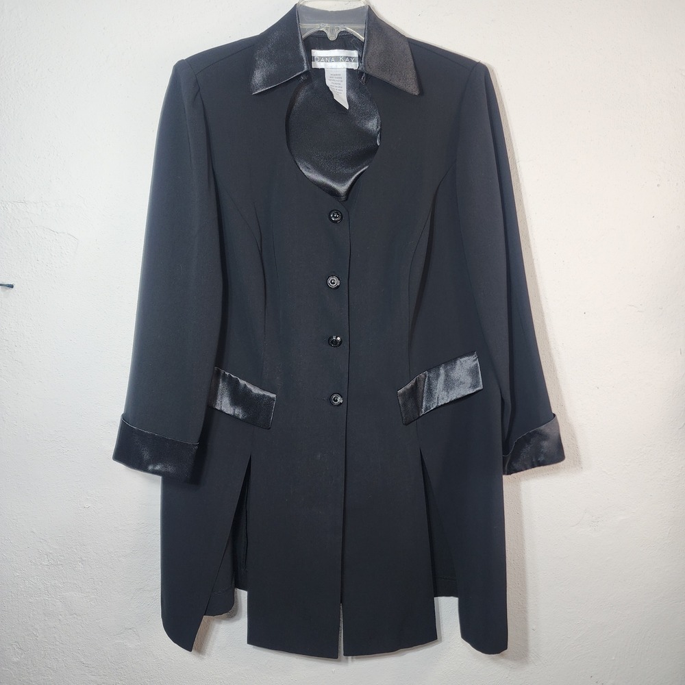 Dana Kay Blazer Jacket 14 Black Vintage Goth Cutout Satin Trim Longline - Picture 5 of 14